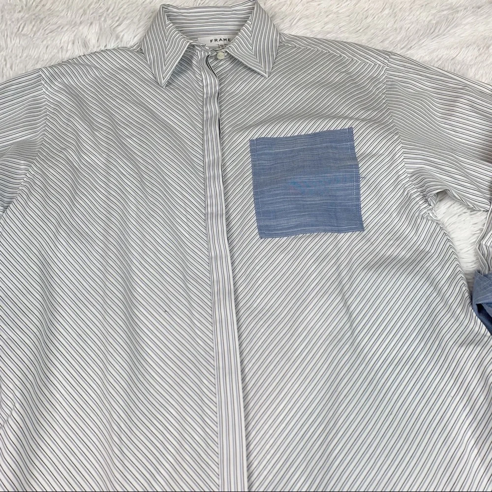 Frame contrast striped wrapped tie waist shirt dress button up pocket - Picture 4 of 12